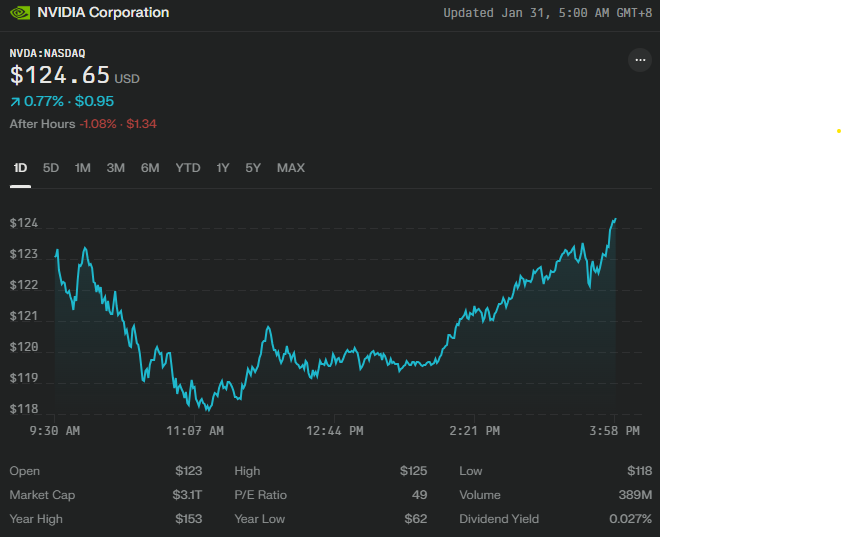 Nvidia stock price, January 31, 2025, 5 am GMT +8