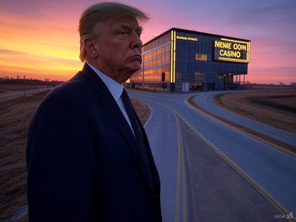 An illustration of Donald Trump standing at a literal crossroads. One path leads to a golden, shining "Bitcoin Reserve" sign, while the other leads to a flashy, neon-lit "Meme Coin Casino".