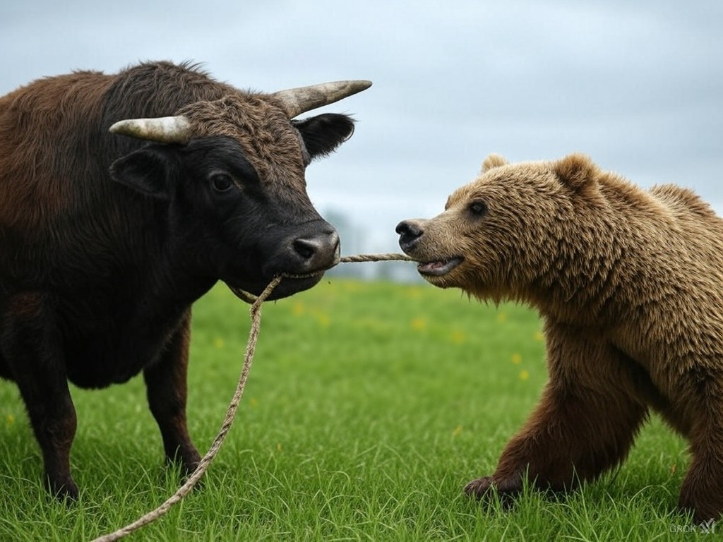 An illustration showing a bull (representing the market's resilience and upward trends) and a bear (symbolizing trade tensions and economic challenges) engaged in a tug-of-war. The bull could be pulling slightly ahead, symbolizing the market's gains despite difficulties.