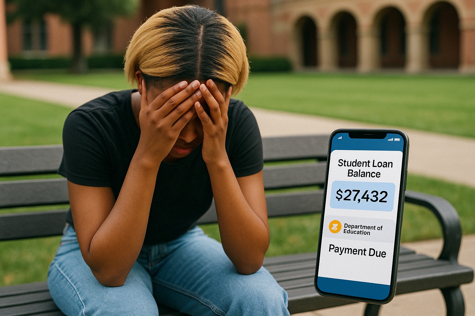 A black female student or recent graduate with short straight blonde hair sitting on a college campus bench with their head in their hands, next to a smartphone showing a student loan balance screen and email notification from the Department of Education.