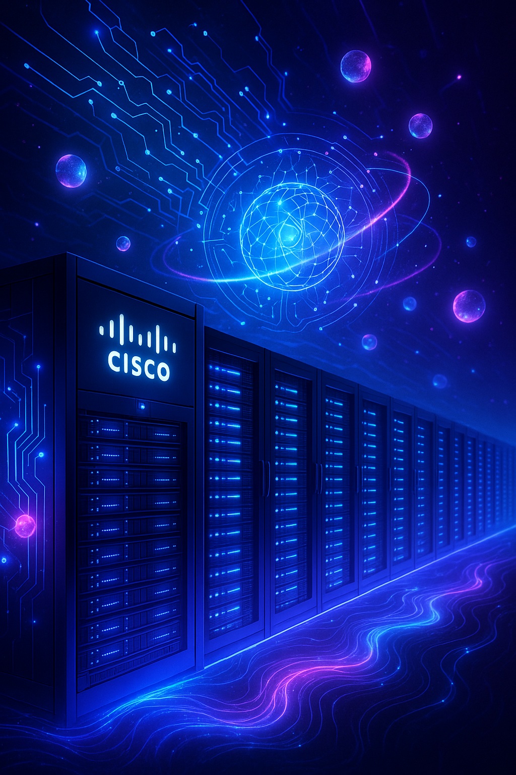 A sleek, futuristic Cisco-branded data center glowing with blue and purple quantum energy fields, with stylized AI circuits and quantum particles swirling above the servers — symbolizing the convergence of AI infrastructure and quantum computing breakthroughs.