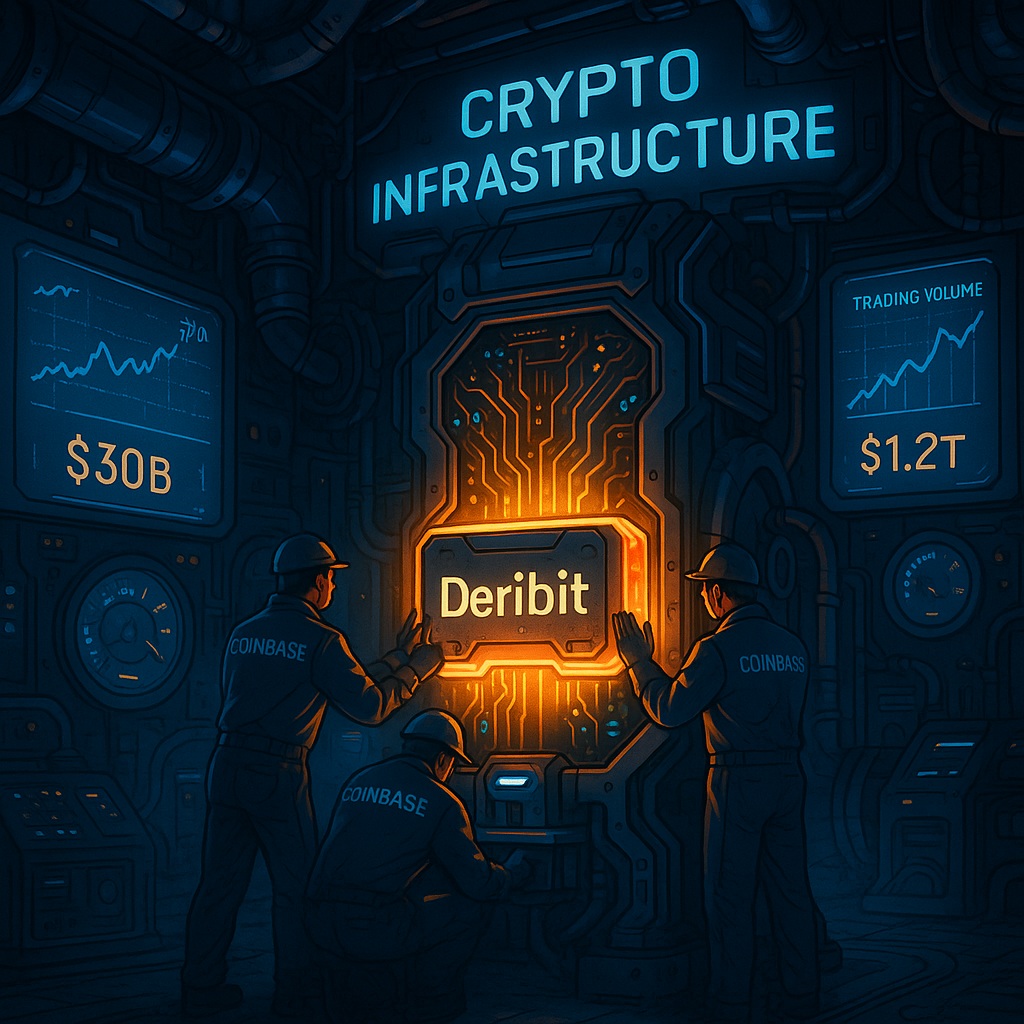 A high-tech, futuristic engine room glowing with neon blues and cyberpunk lighting, labeled “Crypto Infrastructure.” In the center, a team of engineers in sleek uniforms bearing the Coinbase logo are carefully installing a radiant, circuit-infused module labeled “Deribit” into a massive central processor. Surrounding walls are covered with holographic displays showing surging graphs for “Open Interest” and “Trading Volume,” with figures like "$1.2T" and "$30B" dynamically pulsing. In the background, gears and conduits hum with energy, symbolizing the activation of a powerful new financial engine. Style: Tech-industrial concept art with cyberpunk and futuristic realism elements.