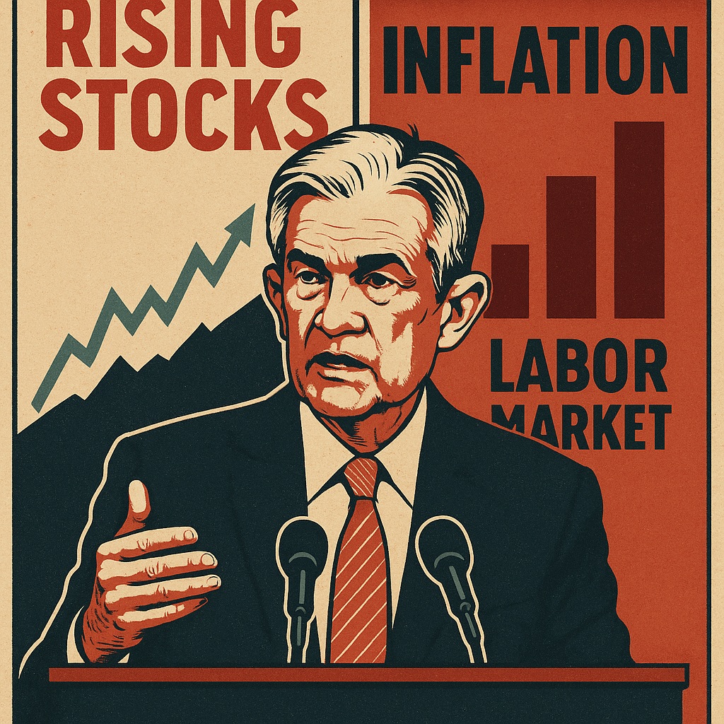 Split-screen image of Jerome Powell speaking at a press conference, with one side showing bullish stock charts and the other showing inflation warnings and job market data. Vintage propaganda poster style.