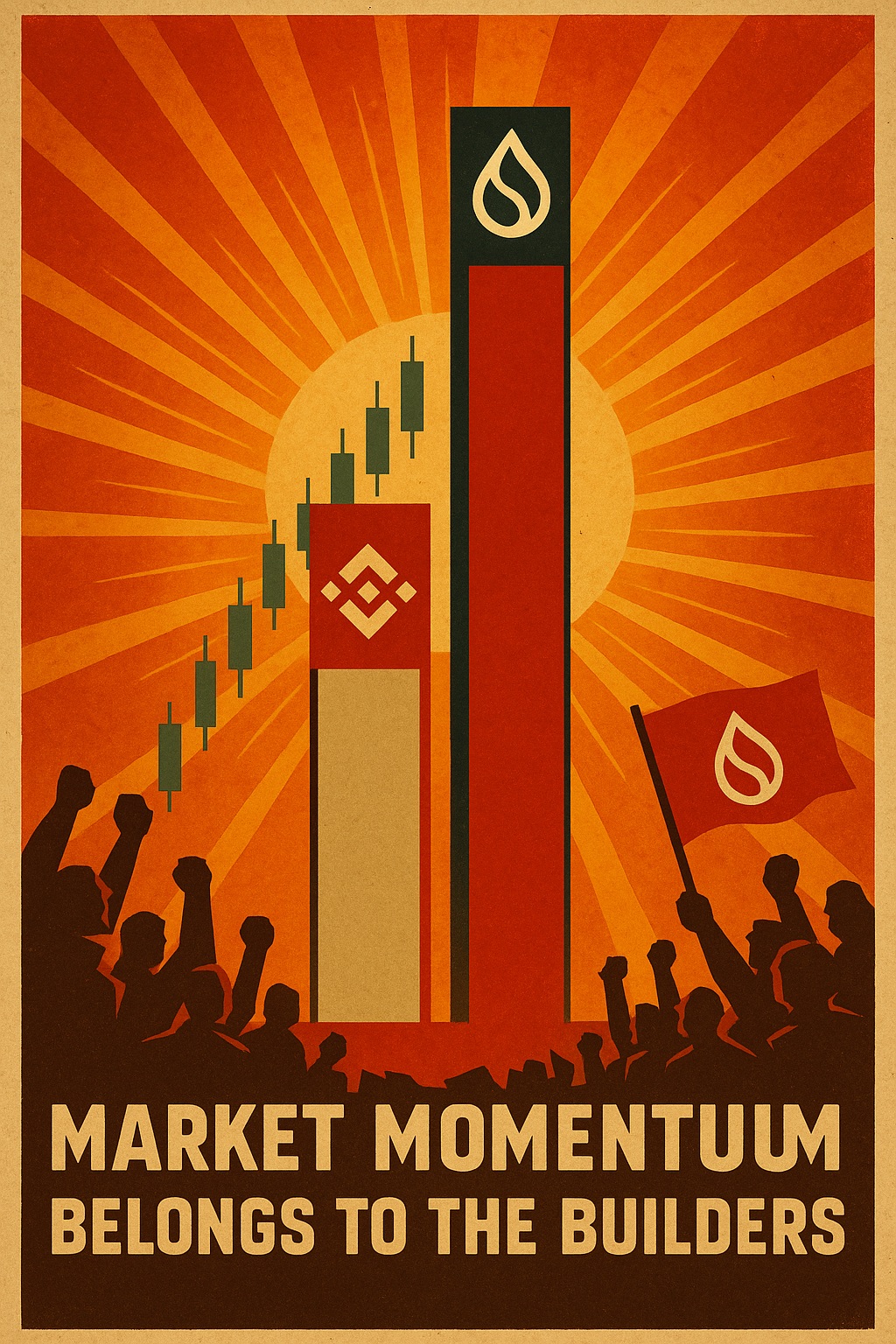 A vintage propaganda poster-style digital artwork showing a bold, stylized bar graph where the Sui logo towers above the Binance Coin (BNB) logo. Sui’s bar pierces into a dramatic, red-orange skyline with sunbeams radiating outward, evoking triumph. Green candlestick charts rise behind it, symbolizing bullish momentum. In the foreground, abstract silhouettes of cheering figures or crypto traders raise flags marked with the Sui emblem. Typography at the bottom reads “Market Momentum Belongs to the Builders” in bold, Soviet-era font.