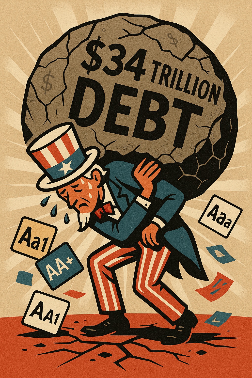 Stylized mid-century cartoon of Uncle Sam struggling under a giant cracked boulder labeled '$34 Trillion Debt,' with falling credit rating cards around him.